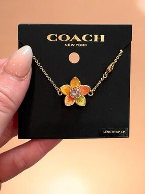 COACH Gold Floral Pendant Necklace with Orange & Yellow Enamel